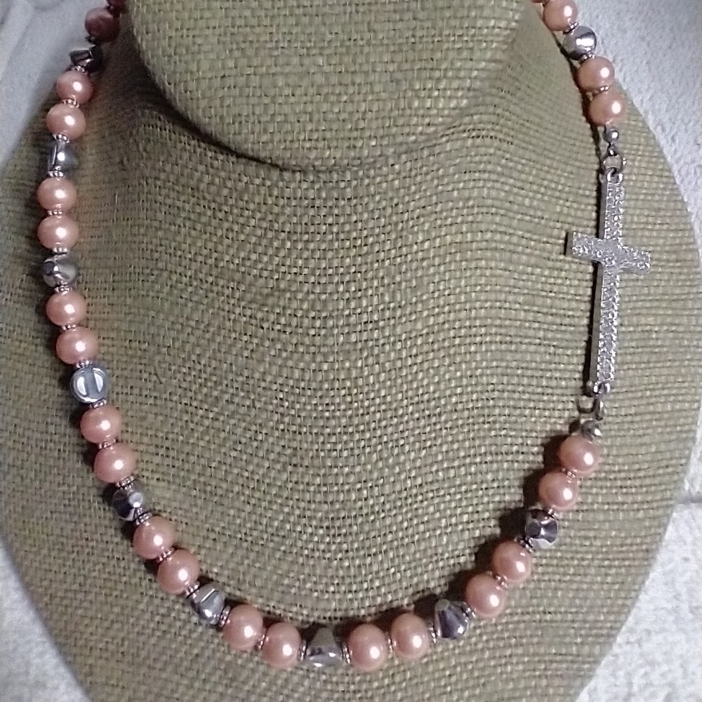 Silvertone pink beaded crystal cross necklace christian catholic religious